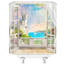 Fsfusvk Sea View Shower Curtain Ocean Fantasy Castle Balcony Dreamy Beach Garden Summer Seaside Hawaii White Wooden Windows Nature Polyester Fabric Bathroom Curtain Sets Hooks 70 x 70 Inch