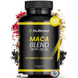 NuBoost Mezcla de Maca Peruana 1000 mg – 200 Cápsulas de Maca Negra, Roja y Amarilla con Pimienta Negra – Sin OMG – Certificado USDA – Hecho en EE. UU.