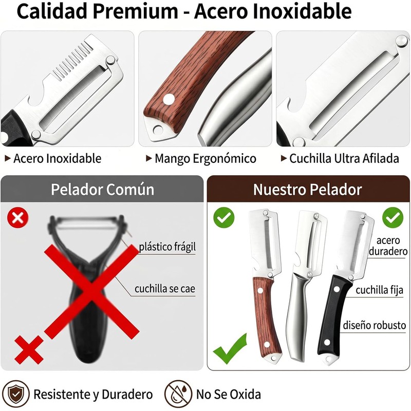 Pelador de verduras multifuncional con abrebotellas – 2 pcs, acero
