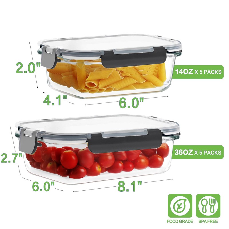 HOMBERKING 10 Pack Glass Meal Prep Containers with Locking Lids,