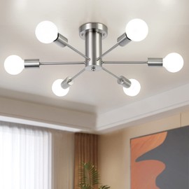 TYNEWRGY Semi Flush Mount Ceiling Chandeliers Light, 6 Lights Nickel Mid Century Modern Sputnik Hanging Light Fixtures,Pendant Light Fixture for Dinning Room Bedroom Hallway Kitchen Foyer Living Room