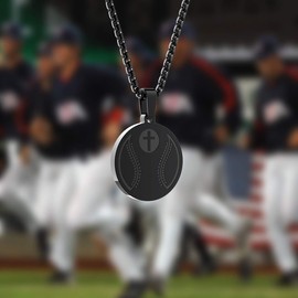 seensea Sports Pendant Necklace Baseball Inspirational Bible Verse Luke 1:37 Christian Gift for Teens (Black baseball)