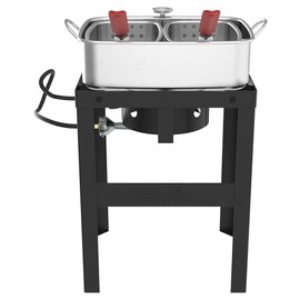 Nexgrill 18 QT Aluminum Fish Fryer with Crawfish Boiler Pot & Double Strainer Basket for Poultry, Seafood, and More, 58,000 BTU Outdoor Deep Fryer, Welded Steel Stand & Included Thermometer - 840-0006