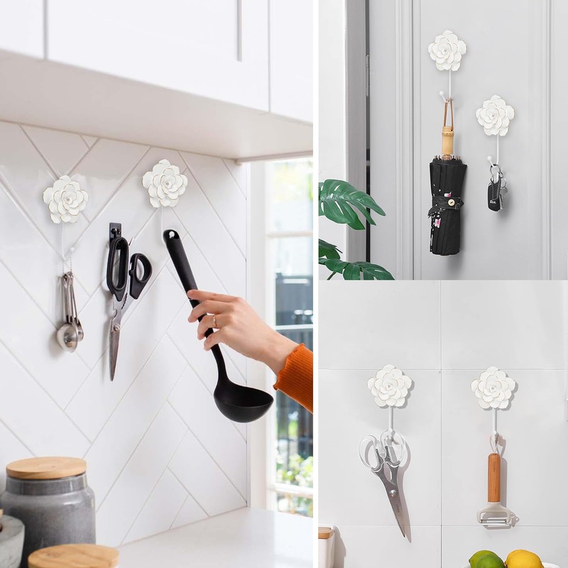 Guichifun Flower Coat Hooks Wall Decor - Resin White Decorative