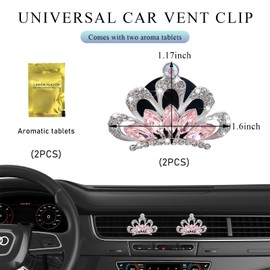 Gasedin 2 PCS Bling Car Air Vent Clips, Crystal Rhinestone Crown Auto Aromatherapy Clips with 2 Scented Cottons, Decorative Air Freshener Outlet Diffuser Clip, Car Accessories (Pink)