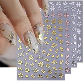 HYWWPFLAY 4 Sheets Flower Leaf Nail Stickers for Nail Art, Self - Adhesive Metal Flower Nail Decals(Rose Golden Silver Gold White)Floral Nail Art Stickers Design for Women Girls DIY Nails Art Supplies