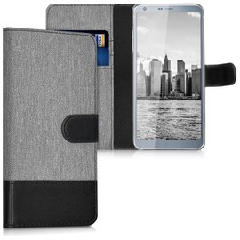 kwmobile Wallet Case for LG G6 - Fabric and PU Leather Flip Cover with Card Slots and Stand - Grey/Black
