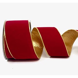 Bertie's Bows Red Velvet with Gold Back & Wired Gold Edge 63mm Ribbon on a 10m Roll