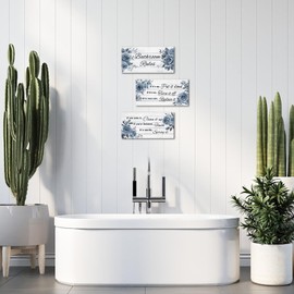 WELMECO Bathroom Art Bathroom Rules Wall Decor Rose Floral Painting Prints Farmhouse Wall Decor Signs, Framed 6x12inchx3Pieces (Navy Blue)