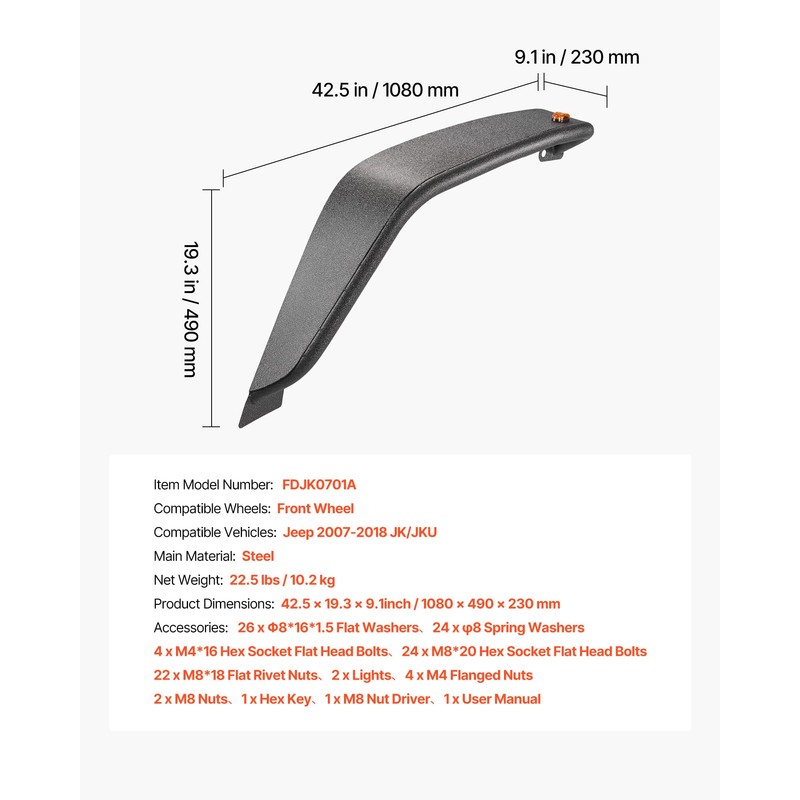 VEVOR Fender Flare, Front Fender Flares Compatible with 2007-2018 Jeep