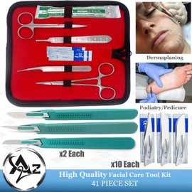 Dermaplaning Cleaning Kit 41 Pcs with Carrying Case - Disposable Scalpel + Blades #16,11,10, Stainless Steel Metal Handle, Tweezers, Scissors, Hemostat Blade Remover - Suitable for Dermaplaning & More