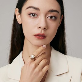 SWJEWEL 925 Sterling Silver Pearl Ring Gold Plated Hollow Design Adjustable Size 12mm Big Faux Freshwater Pearl Ring Single Pearl Fashion Open Ring for Women Ladies Bridal Wedding 5/6/7/8/9/10