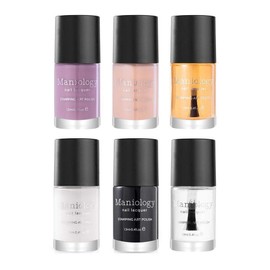 Maniology Not Your Basic Bundle, Top Coat, Base Coat & Polish Set (Smudge Free Water-Based Top Coat, Sticky Base Coat, Barely There Color Correcting Base Coat Duo, Perfect Trio Polish, Set of 6)
