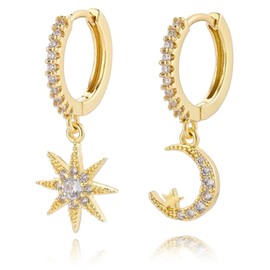Dainty Huggie Hoop Dangle Earrings for Women, Small Hypoallergenic Hoop Earring with Charm Cross Star Moon Earrings, Sterling Silver CZ Huggie Drop Earrings for Teen Girls (Moon&Star-Gold)