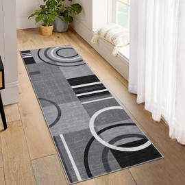GarveeHome Washable Runner Rug 2x8 Modern Circle Rugs Runner Non Slip Low Pile Rug for Hallway Soft Long Rugs Indoor Floor Carpet for Kitchen Bedroom Entryway, Grey