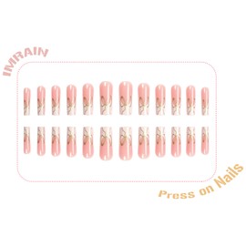 IMRAIN Long Square Press on Nails White French Tip Fake Nails with Gold Bow Designs Nude Squoval False Nails Glossy Glue on Nails Artificial Stick on Nails for Women Girls 24Pcs