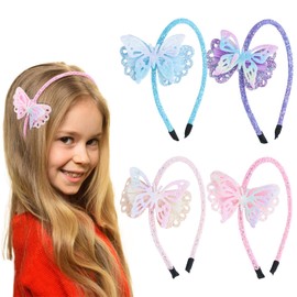GAFATORY 4Pcs Glitter Butterfly Headbands for Girls Butterfly Hair Band for Women Blue Purple Pink White Multi-colored Headbands Cute Headband for Girl Lovely Headband for Little Girl