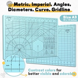 Premium Idemeet Self Healing Cutting Mat 18'' x 12'', A3 Non-slip Sewing Mat for Quilting, 5-Ply Rotary Cutting Board Double-Sided for Crafts Cutting Fabric Scrapbooking Modeling Projects, Aqua Blue