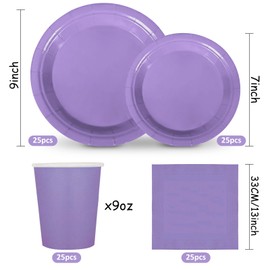 Whaline 100Pcs Lavender Tableware Set Light Purple Disposable Dinnerware Set 50Pcs Paper Plates 25Pcs Napkin 25Pcs Cups for Wedding Birthday Bride Shower Party Supplies Table Decor