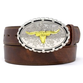 Cinturón vaquero con hebilla de toro, de piel vacuna auténtica, para hombres y mujeres, café, 34