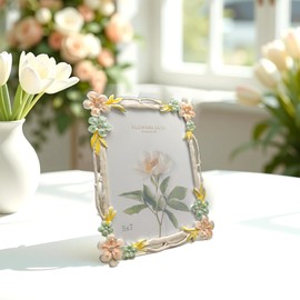 PYOAGT 4X6 Wedding Picture Frame with Enamel Finis Glass Front - Ornate Antique Pink and Green Flowers Photo Frame Tabletop/Wall Vintage Display Gifts for Women