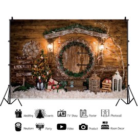 Christmas Background, Christmas Photo Background, Christmas Wooden Wall Photo Background, Christmas Photo Background with Xmas Wreath and Xmas Tree Vinyl 10 x 6.5 ft