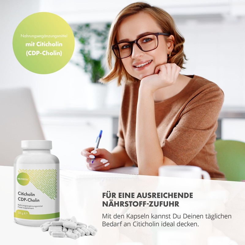 Nutritec CDP-Cholin 60 Kapseln, Nahrungsergänzungsmittel mit 250mg Citicholin pro Kapsel