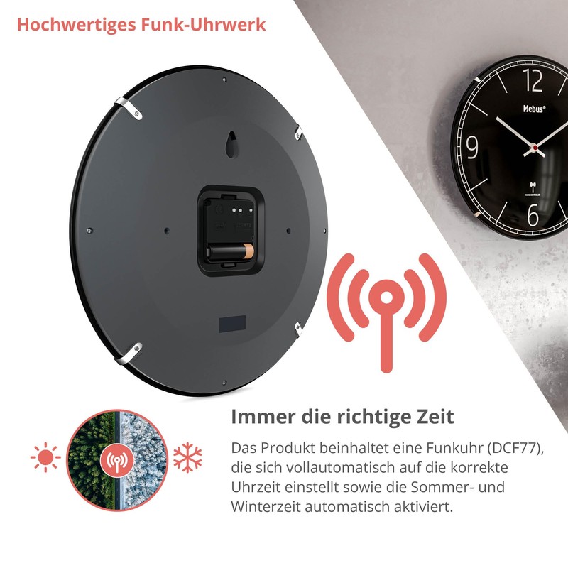 Mebus Radio Controlled Wall Clock Silent Dome Glass Frameless Black