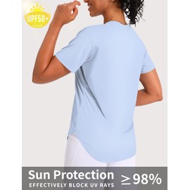 CHALLMOTI Women's Short Sleeve Workout Tops Athletic Shirts V Neck Sun Shirts UPF 50+ Quick Dry Quick Dry Light Blue L