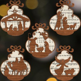 Pack of 5 Nativity Music Sheet Ornaments Wooden Catholic Scene Hanging Xmas Tree Laser Cut Christian for Christmas Blessing Birth of Jesus Ornament for Mom, Dad, Pastor CB-11-BELL