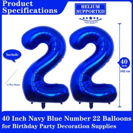 Navy Blue 22 Number Balloons, 40 Inch Giant Number 22 Balloons Foil Mylar Helium Dark Blue Number Balloons for 22th Birthday Party Supplies Anniversary Event Celebration Decorations