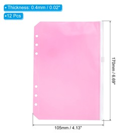 PATIKIL A6 Binder Pocket, 12 Pack PVC Zipper 6 Holes Binder Pouch Folders Document Waterproof Filing Storage Loose Leaf Bags for 6-Ring Notebook Binder, Pink