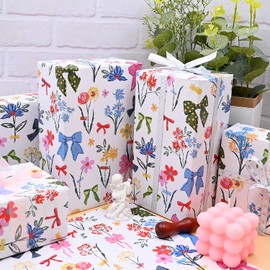 QRTDXP 5 Sheet Gift Wrapping Paper with Flower and Bows，50 * 70cm Large Birthday Paper for Kid's Birthday Party Girl Baby Shower Wedding