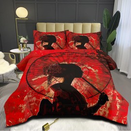 CCoutueChen Japanese Bedding Black Red Comforter Set King Vintage Japanese Maiko Girl Silhouette Quilt Set for Women Girls Teens 3Pcs Soft Lightweight Decorative Down Comforter with 2 Pillowcases