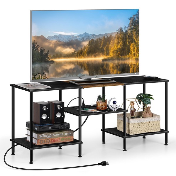 OYEAL Black Bedroom TV Stand with Power Outlets up to