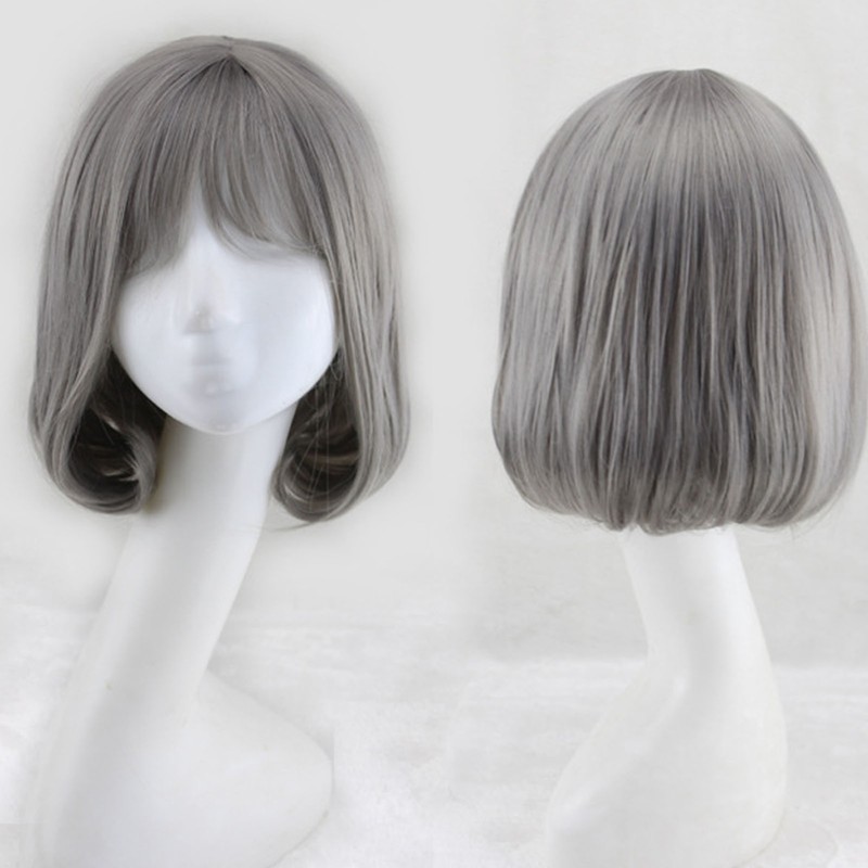 Bob Short Hair Wig Heat Resistant Synthetic Gray Breathable Fluffy