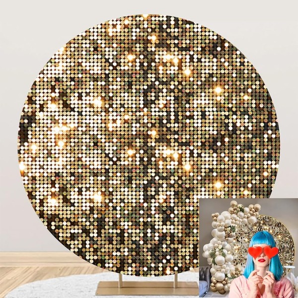 OERJU 7.5x7.5ft Gold Glitter Round Backdrop Cover Luxurious Golden Bokeh
