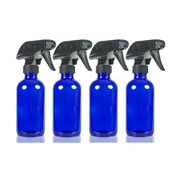 8oz Large Cobalt Blue Boston Glass Bottles with Black Trigger Sprayer (4 PACK)