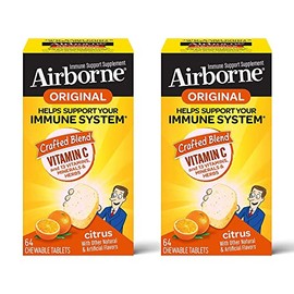 Airborne Vitamin C 1000mg (per Serving) - Citrus Chewable Tablets (64ct/Box), Gluten-Free Immune Support Supplement, Vitamins A C E, ZINC, Selenium, Echinacea, Ginger, Antioxidants (2-Pack)