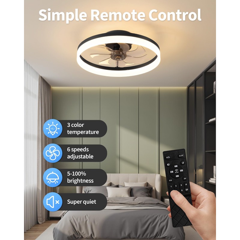 PUSU 15.8" Low Profile LED Ceiling Fans with Light, Reversible