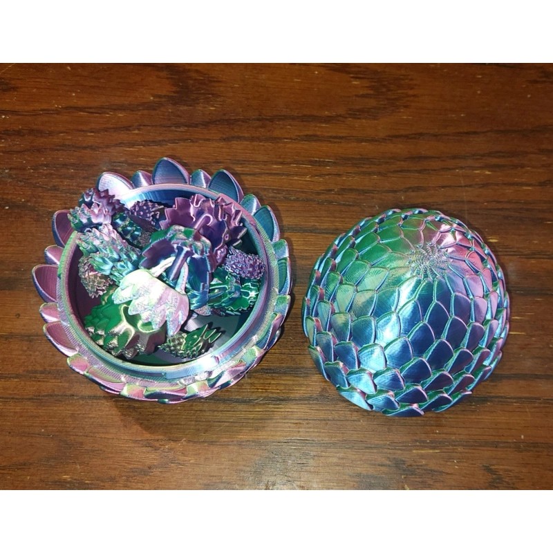 3D Printed Dragon Eggs with Dragon Inside, Articulated Crystal Dragon
