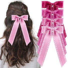 hisial 4PCS Ruffle Layered Hair Bows Alligator Clips Big Bowknot Barrettes Long Tail Tassel Hair Accessories for Women Teens Thick & Thin Hair Decoration(Pink/Rosered)
