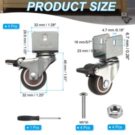 PATIKIL 1.25" Swivel Caster Wheels with 5/7" U Bracket, 4 Pack 360° Rotation Swivel Wheel with Brake Total Load 106 lbs Locking Caster for Cabinet Furniture Table Replacement
