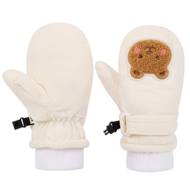 Huuflyty Toddler Mittens Winter Snow Cute Bear Gloves Infant Waterproof Mitten Warm Fleece Kid Ski Gloves for Boys Girls (Beige, 4-6 years)