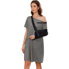 Deyeek Women's Post Shoulder Surgery dress Tear Away Short Sleeve Full Open Side Snap Adaptive Clothing with Pockets Grey