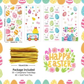Pack of 50 Easter Cellophane Bags, 4 Easter Eggs Bunny Chick Flowers Candy Treats Goodie Bags with Twisted Ribbons for Kids Birthday Party Easter Party Supplies