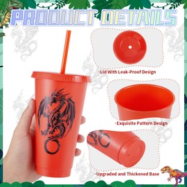 YLFYCOM 15 Pcs Western Dragon Cups with Lids and Straws, 24 oz Plastic Drink Cups Reusable Bulk Dragon Tumblers for Fantasy Creature Theme Party Favors Birthday Party Gifts