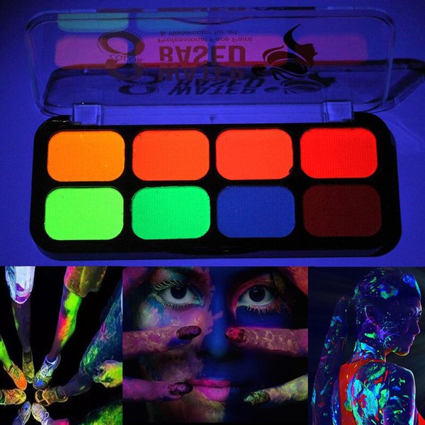 UV Glow Neon Face Paint 8 Colours Fluorescent Body Paint Glitter Face Paint Glow in the Dark Makeup Palette for Festival Party Halloween Rave
