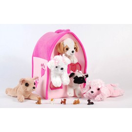 Unipak SFS Gift Bundle - 12" Plush Pink Dog House Carrying Case with Five (5) Stuffed Animal Dogs (Pink Poodle, Pug, Chihuahua, Beagle, and White Terrier) + Five Mini Puppy Figures
