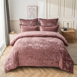 Fredsure Distressed Velvet Comforter Set, 5 Pieces Dusty Mauve King, Distressed Velvet Face and Brushed Microfiber Reverse